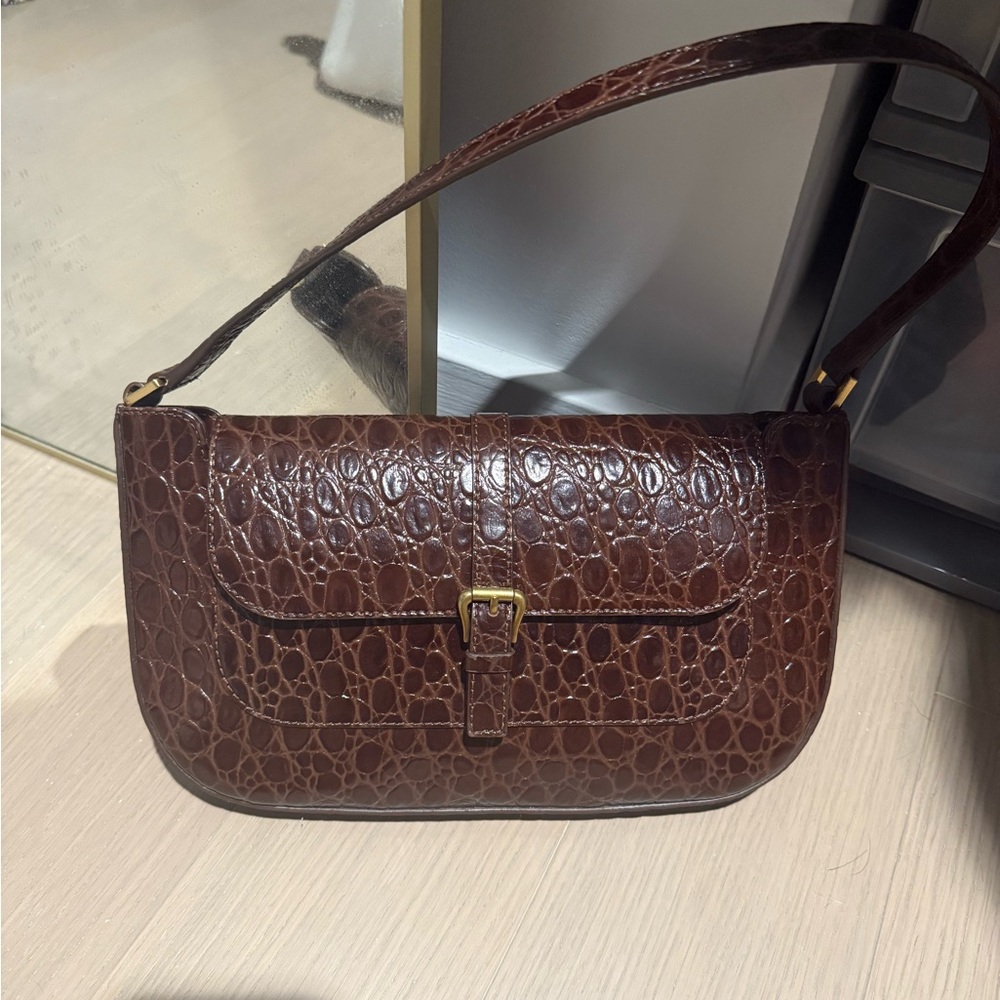 BY FAR Brown Crocodile-Embossed Shoulder Bag